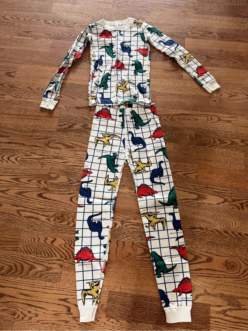 Kids Dinosaur Grid Pajama Set - White with Red, Green, Blue, Yellow Dinosaurs